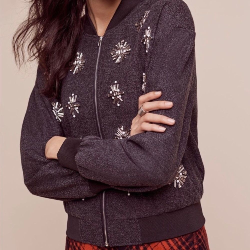 Anthropologie grey bomber jacket with sparkle! Gray and poping! Size XL not worn